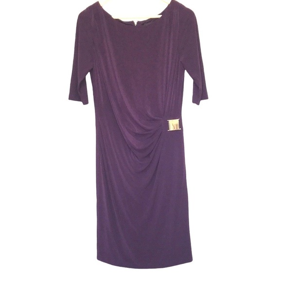 TAHARI 3/4 sleeve side ruching stretchy jersey midi dress size 10 - Picture 1 of 9